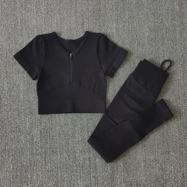 Front Zipper Sports Short Sleeve High Waist Yoga Pants Seamless Vest Fitness Cross-border Yoga Clothes Yoga Suit Women